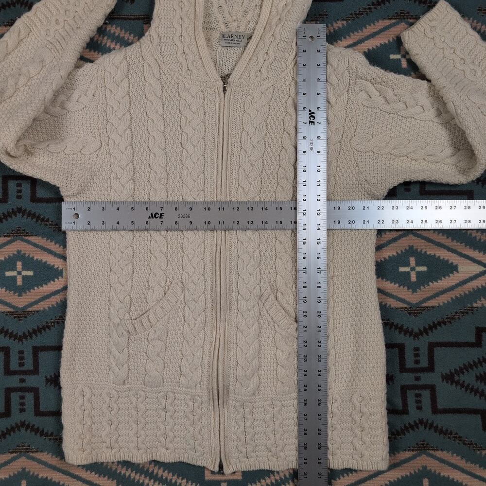 Blarney Aran Ireland Merino Wool Hooded Cardigan Fisherman Cableknit Large - Picture 7 of 7